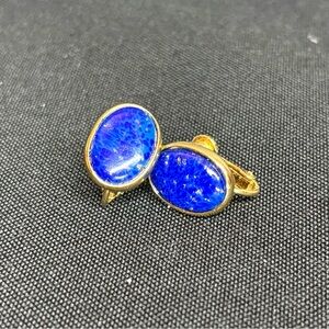 Antique Adjustable Clip-On Earrings, Costume Gold, Blue Acrylic